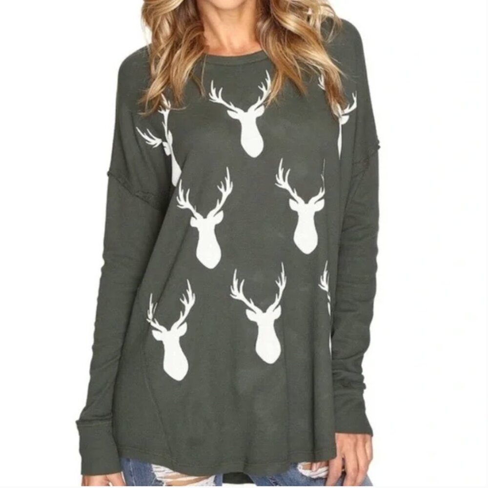 Show Me Your Mumu Waffle Knit Long Sleeve Tunic Top Green Buck Small Loungewear